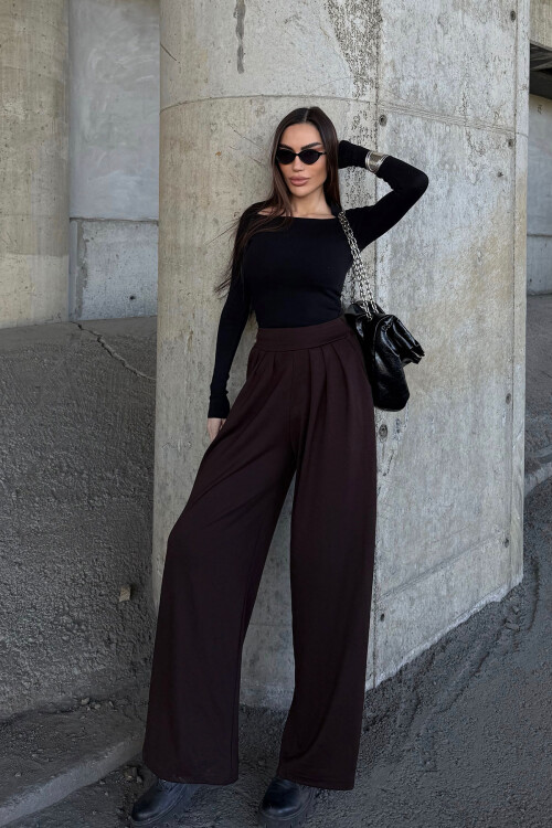 Kahverengi Pile Detaylı İspanyol Ultra Soft Kumaş Pantolon BCDF-25P0002