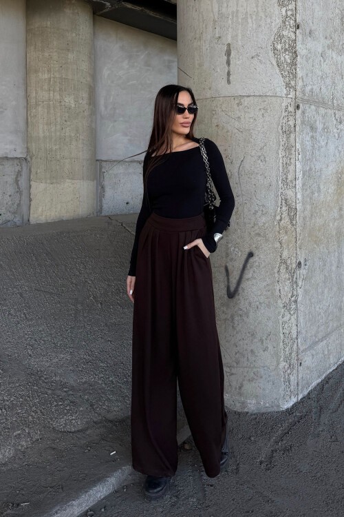 Kahverengi Pile Detaylı İspanyol Ultra Soft Kumaş Pantolon BCDF-25P0002