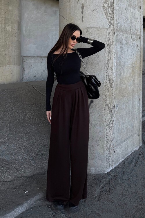 Kahverengi Pile Detaylı İspanyol Ultra Soft Kumaş Pantolon BCDF-25P0002