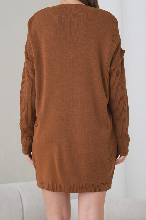 Kahverengi Ribanalı Bisiklet Yaka Mini Triko Elbise BCHPK-251239