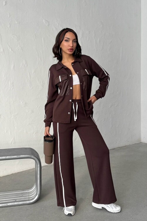 Kahverengi Yumuşak Dokulu Biyeli Palazzo Pantolon Ve Garnili Gömlek Alt Üst Takım BCHN-25261025
