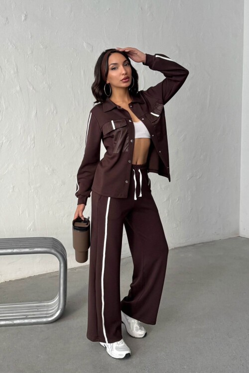 Kahverengi Yumuşak Dokulu Biyeli Palazzo Pantolon Ve Garnili Gömlek Alt Üst Takım BCHN-25261025