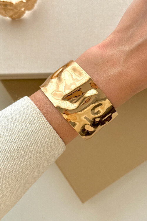 Kalın Kelepçe Bilezik Ayarlanabilir Unisex Gold Yenilenmiş Model BCYJ-251039