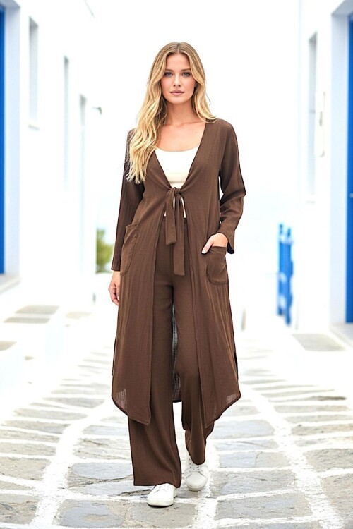 Keten Bağlamalı Kimono Keten Takım