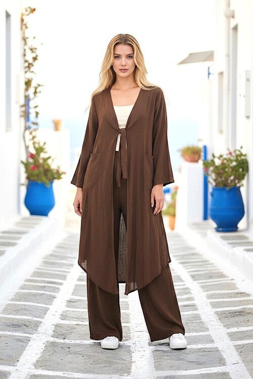 Keten Bağlamalı Kimono Keten Takım