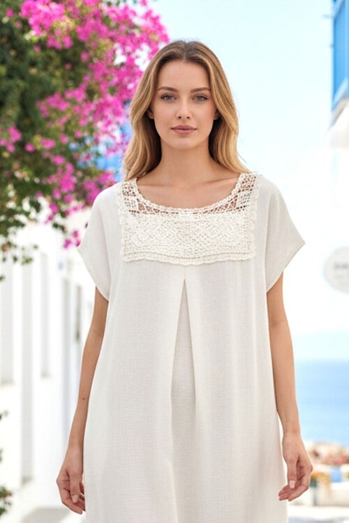 Keten Dantel Detaylı Ay Kol Keten Elbise