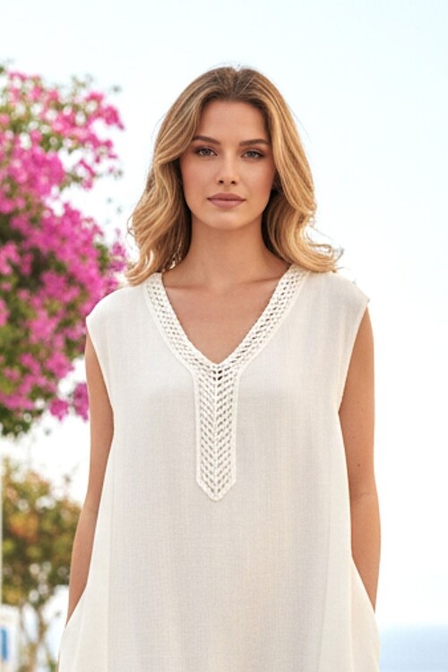 Keten Dantel Detaylı Keten Elbise