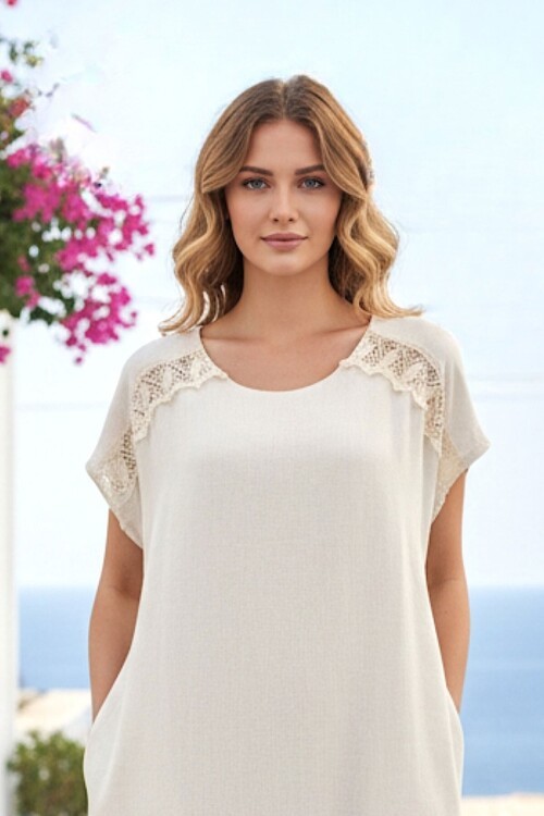 Keten Omuz Dantel Detaylı Eteği Fırfırlı Keten Elbise