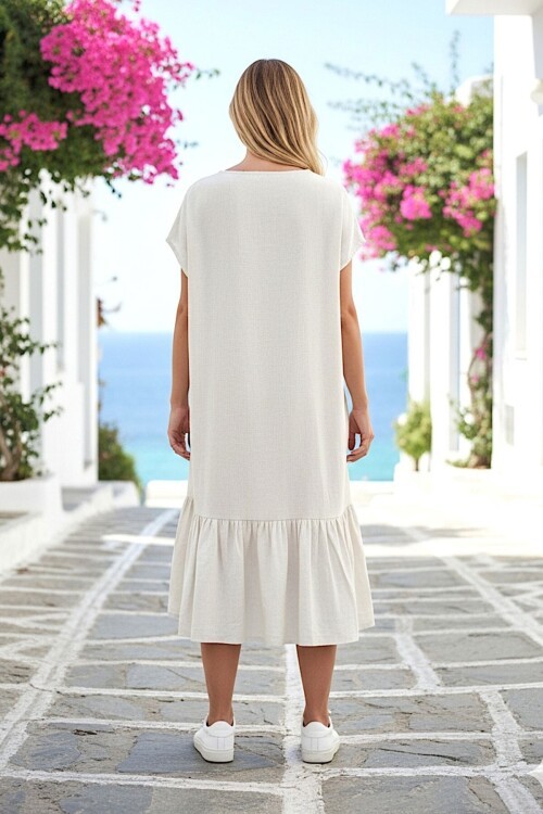 Keten Omuz Dantel Detaylı Eteği Fırfırlı Keten Elbise