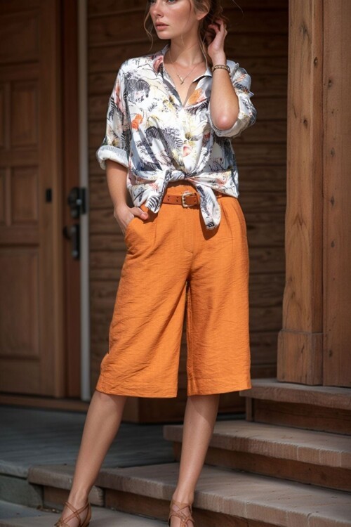 Kiremit Cepli Duble Paça Keten Bermuda Şort