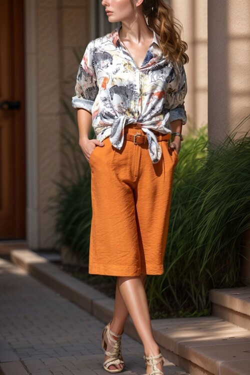 Kiremit Cepli Duble Paça Keten Bermuda Şort