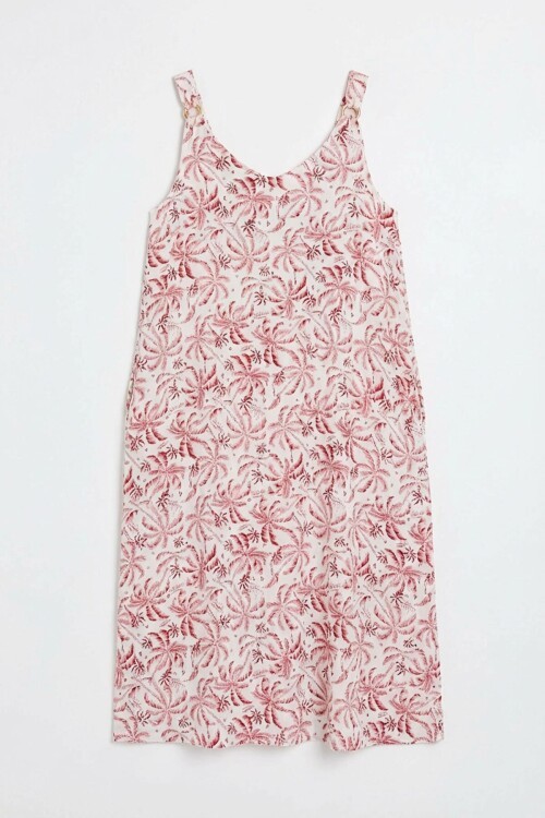 Kırmızı-Beyaz Askılı Boncuk Detaylı Çift Cepli Desenli Salaş Elbise