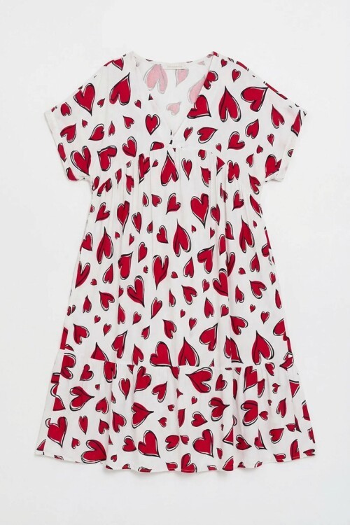 Kırmızı-Beyaz V Yaka Oversize Kesim Desenli Çift Cepli Volanlı Elbise