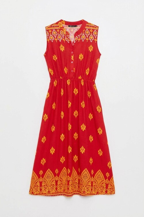 Kırmızı Çentik Yaka Düğmeli Desenli Kolsuz Midi Elbise