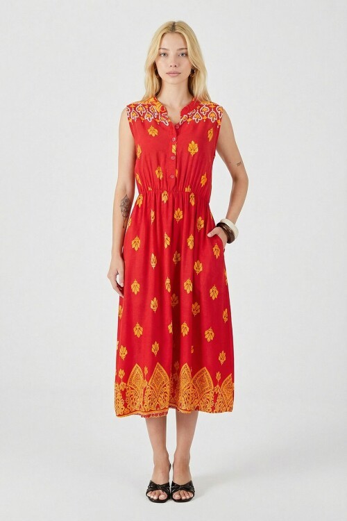 Kırmızı Çentik Yaka Düğmeli Desenli Kolsuz Midi Elbise