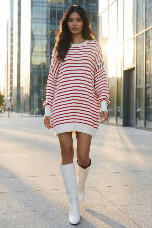 Kırmızı Çizgili Bisiklet Yaka Çizgili Triko Mini Elbise BCHPK-251240