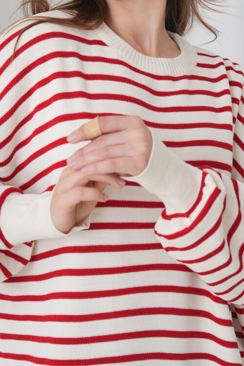 Kırmızı Çizgili Bisiklet Yaka Çizgili Triko Mini Elbise BCHPK-251240