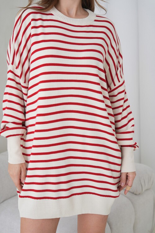 Kırmızı Çizgili Bisiklet Yaka Çizgili Triko Mini Elbise BCHPK-251240