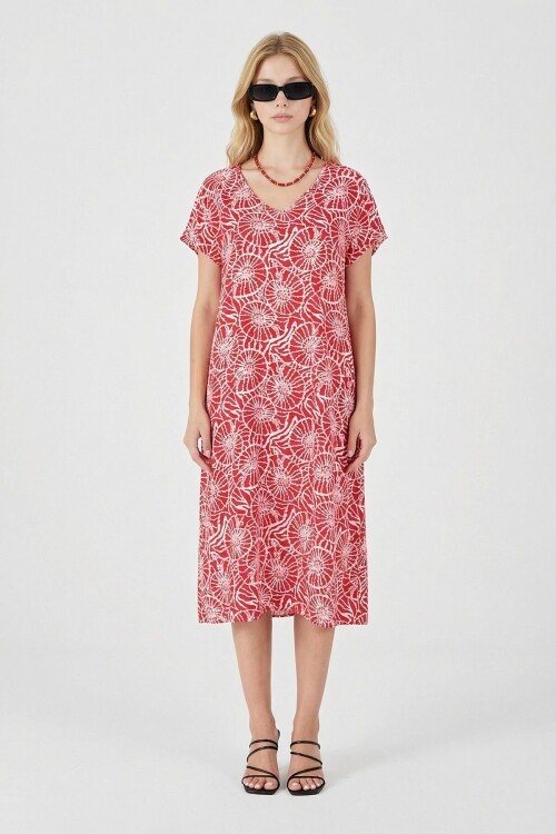 Kırmızı Derin V Yaka Kısa Kollu Çizgi Desenli Midi Boy Elbise