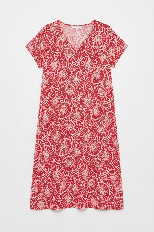 Kırmızı Derin V Yaka Kısa Kollu Çizgi Desenli Midi Boy Elbise