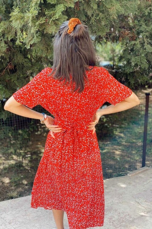 Kırmızı Kısa Kol Desenli Gömlek Elbise