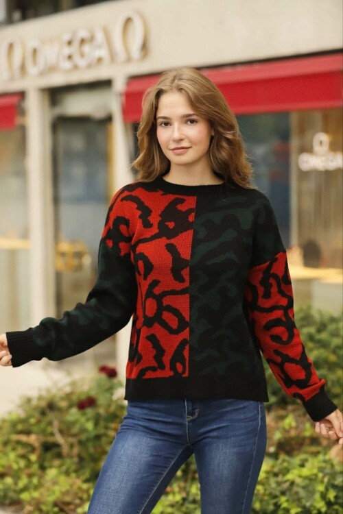 Kırmızı Renk Bloklu Desenli Kışlık Triko Kazak BCES-253014