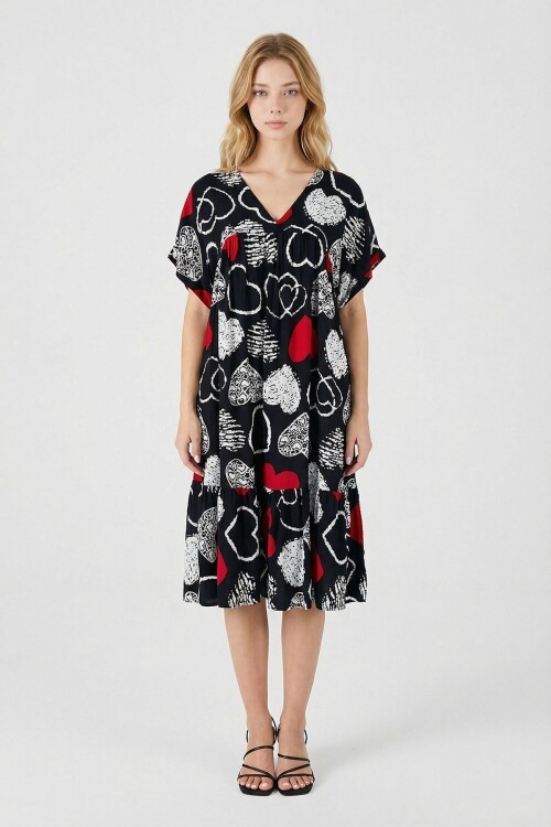 Kırmızı-Siyah V Yaka Oversize Kesim Desenli Çift Cepli Volanlı Elbise