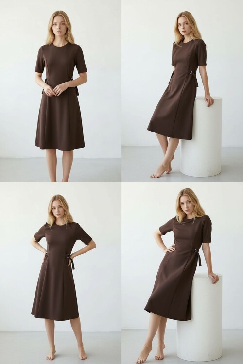 Koyu Kahve Tokalı Modal Kumaş Elbise