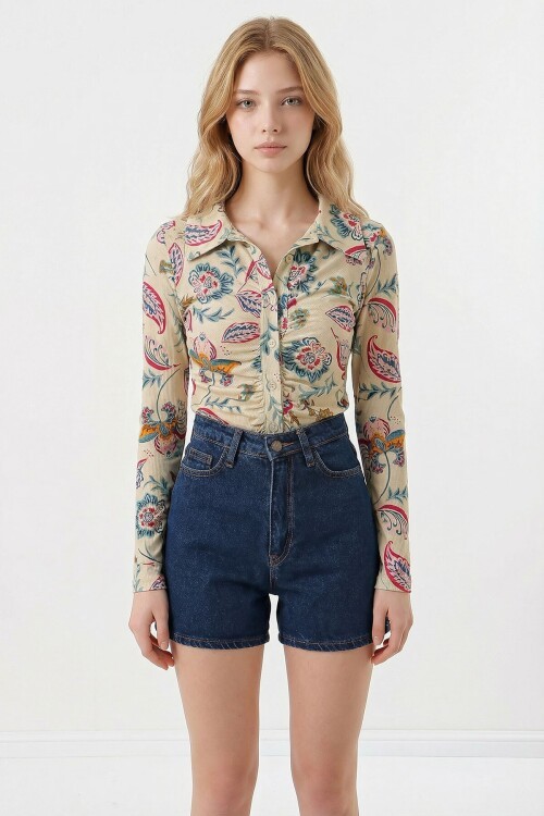 Koyu Mavi Duble Paça Yüksek Bel Denim Şort