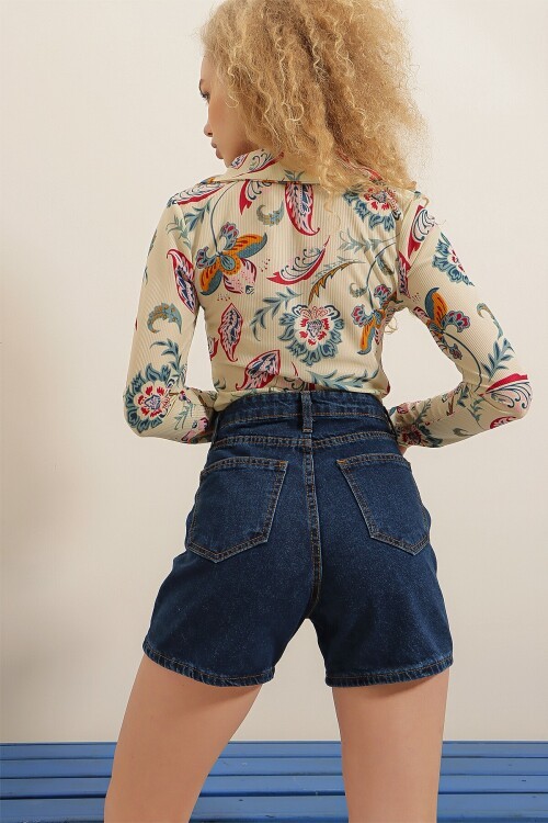 Koyu Mavi Duble Paça Yüksek Bel Denim Şort