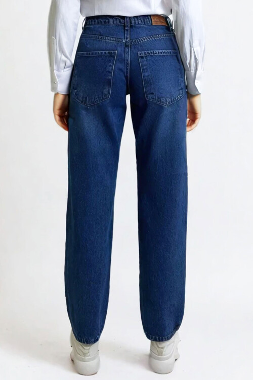 Koyu Mavi Yüksek Bel Yıkamalı Palazzo Jean Pantolon BCHNW-251221