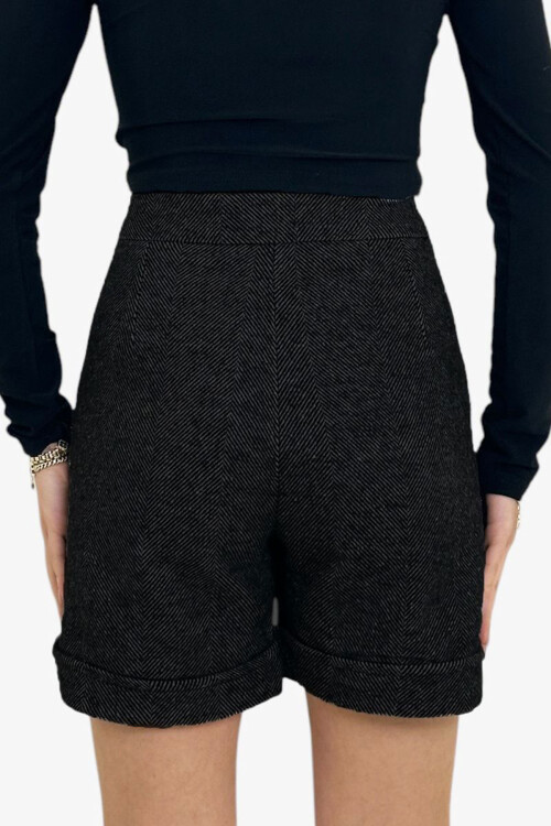 Koyu Siyah Duble Paça Çift Cepli Kışlık Kaşe Şort BCHNV-251220