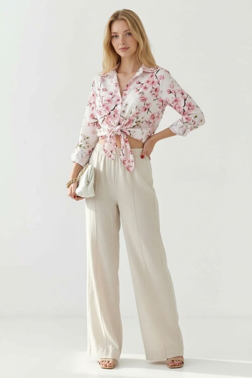 Krem Alaçatı Keten Önü Çimalı Beli Lastikli Pantolon