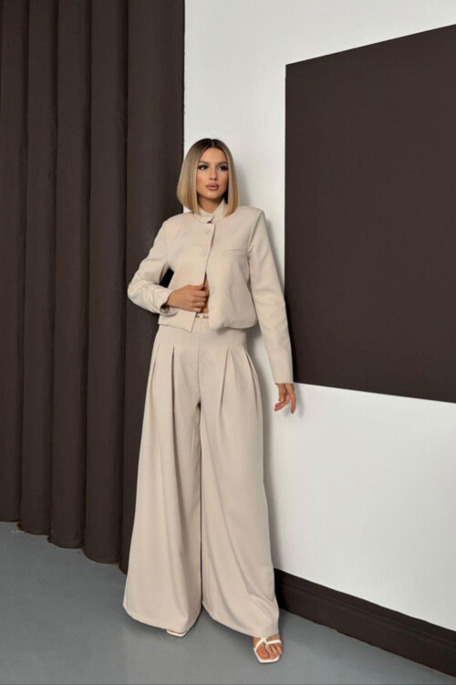 Krem Çift Düğmeli Ceket Ve Pileli Dokuma Pantolon Alt Üst Takım BCHN-254005