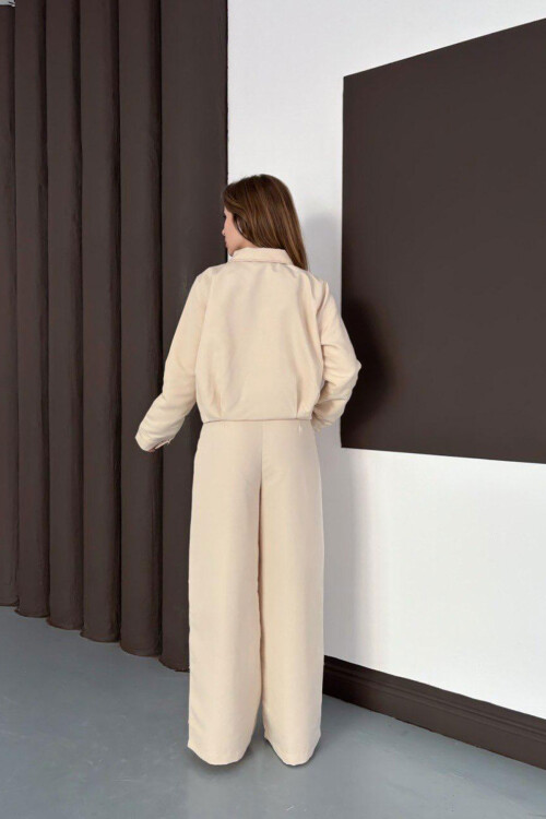 Krem Çift Düğmeli Ceket Ve Pileli Dokuma Pantolon Alt Üst Takım BCHN-254005