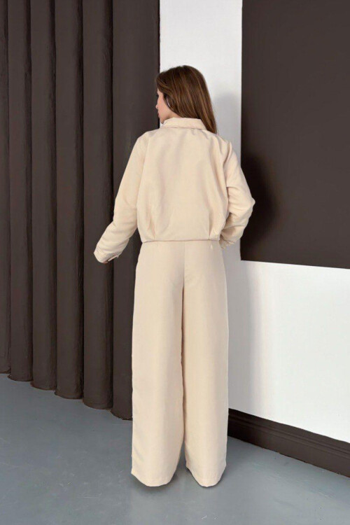 Krem Fermuarlı Ceket Ve Pileli Pantolon Dokuma Alt Üst Takım BCHN-254003