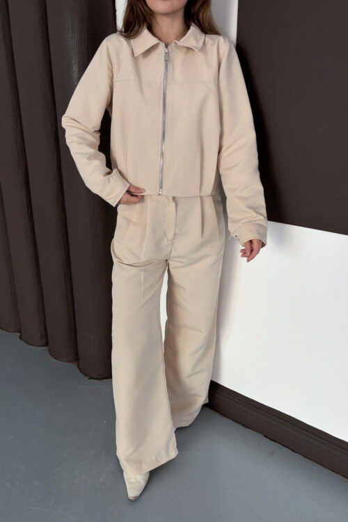 Krem Fermuarlı Ceket Ve Pileli Pantolon Dokuma Alt Üst Takım BCHN-254003