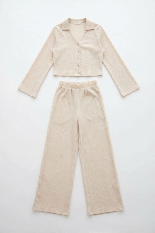 Krem Geniş Kol Düğme Detaylı Yakalı Bluz Ve Palazzo Pantolon Alt Üst Takım BCHN-2626136