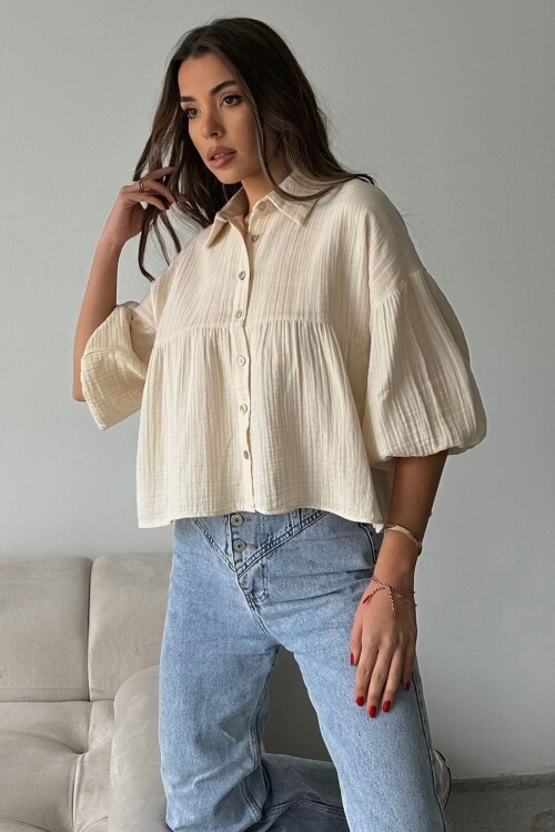Krem Kısa Kol Müslin Kumaş Premium Gömlek BCRU-261292