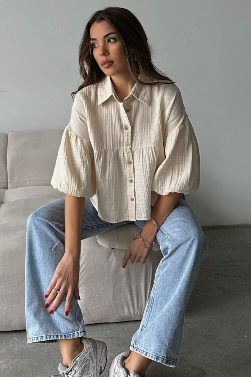 Krem Kısa Kol Müslin Kumaş Premium Gömlek BCRU-261292