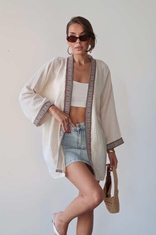 Krem Nakış Detaylı Keten Kimono BCRU-261303