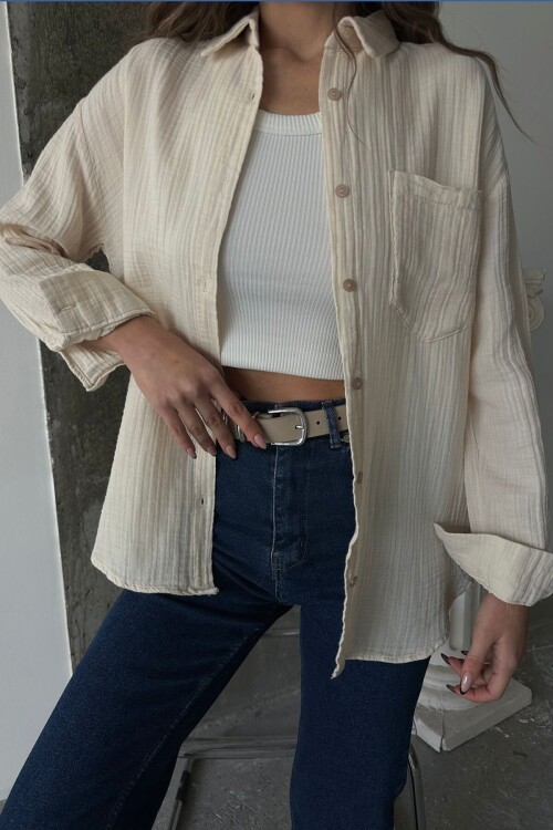 Krem Tek Cepli Oversize Müslin Gömlek BCRU-261291