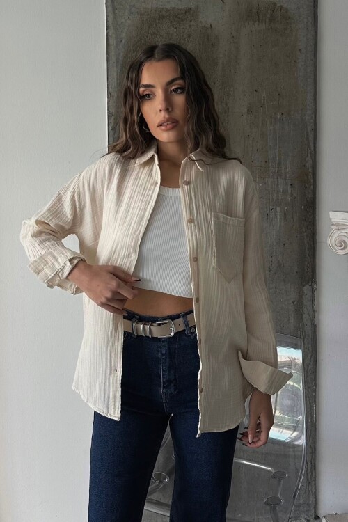 Krem Tek Cepli Oversize Müslin Gömlek BCRU-261291