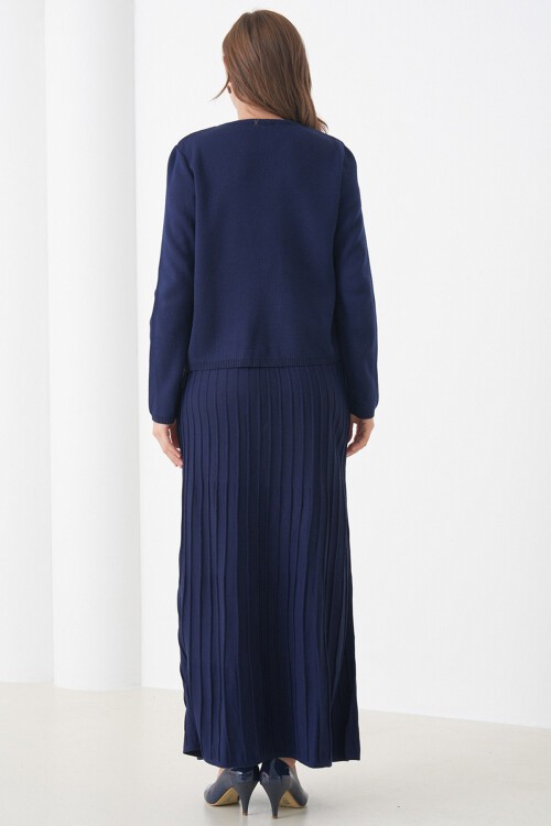 Lacivert Bisiklet Yaka Düğmeli Hırka Ve Pliseli Midi Boy Etek Takım BCHPK-251252