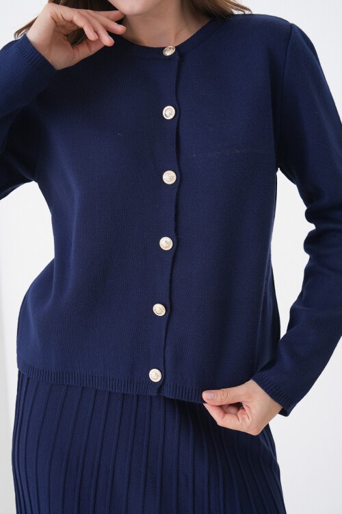 Lacivert Bisiklet Yaka Düğmeli Hırka Ve Pliseli Midi Boy Etek Takım BCHPK-251252