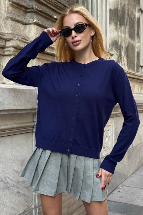 Lacivert Bisiklet Yaka Düğmeli Triko Hırka BCHZCK-251267