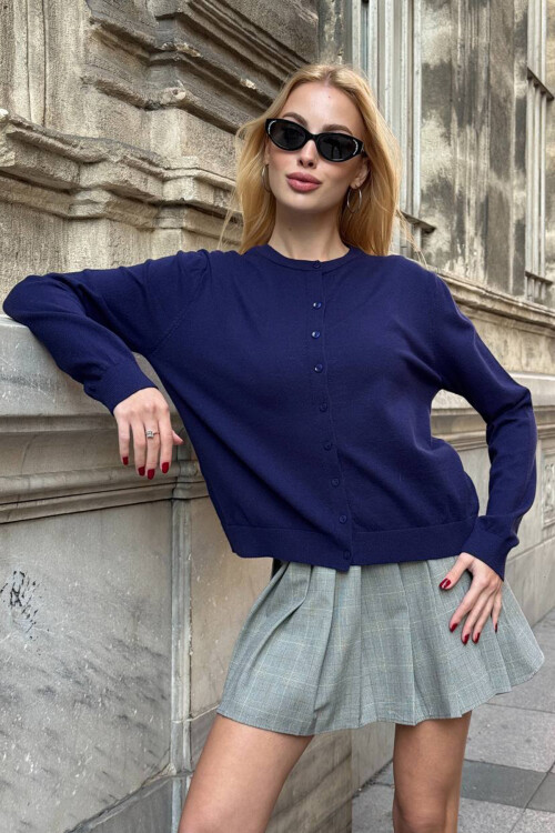 Lacivert Bisiklet Yaka Düğmeli Triko Hırka BCHZCK-251267