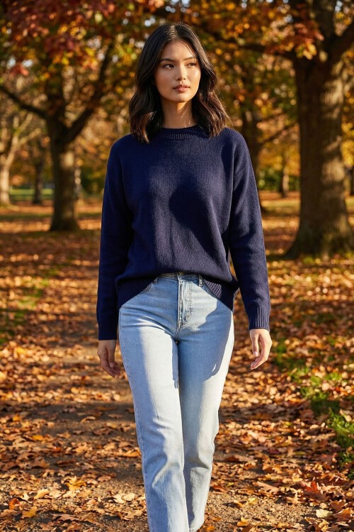 Lacivert Bisiklet Yaka Oversize Triko Kazak BCHPK-251238