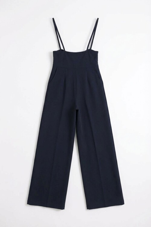 Lacivert Çift Cepli Askılı Likralı Salopet Tulum