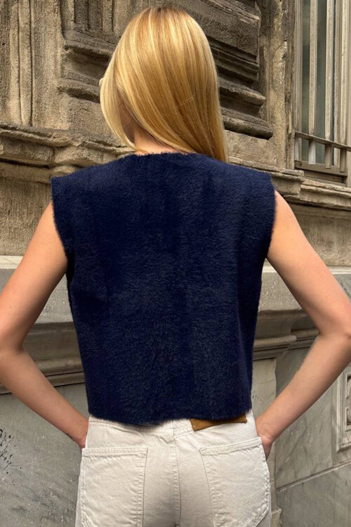 Lacivert Çift Cepli Gold Düğmeli Yumoş Yelek Bluz BCHZCK-251262